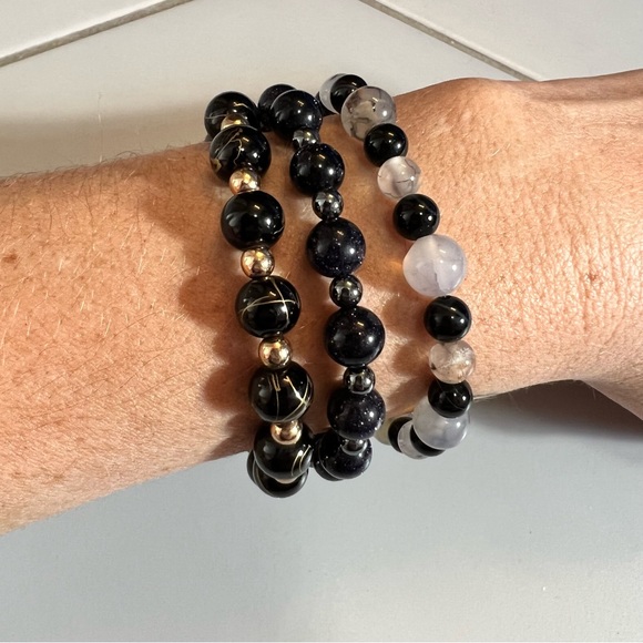 Beaded Bracelets Crystals Set Glass Black Grey Gray Sparkle - Picture 3 of 5